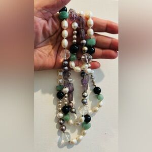 Elegant Long Multi-Color Natural Stones & Pearl Beaded Necklace